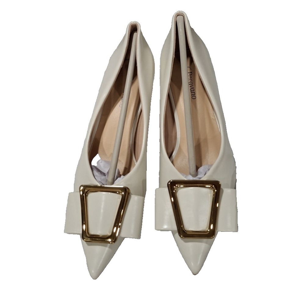 C.Paravano Women's Kitten Heel Pumps-Pointed Toe, Metal Buckle - White, 5.5